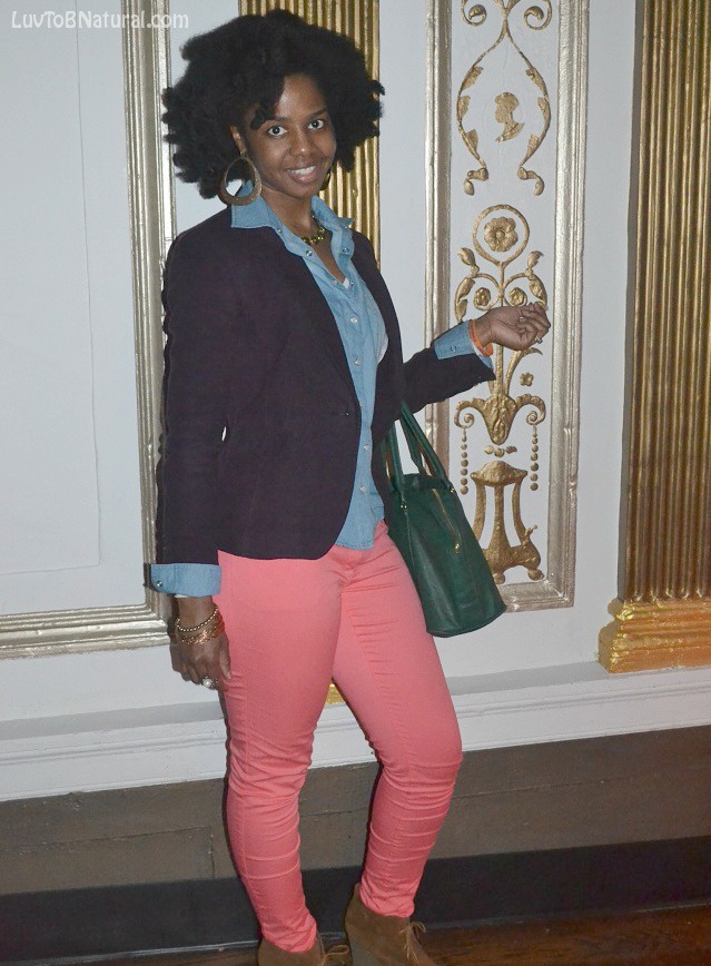 dark and lovely event purple blazer coral jeans