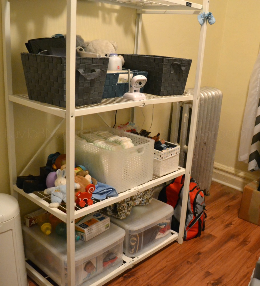 teak and gray Baby Room BEFORE shelves