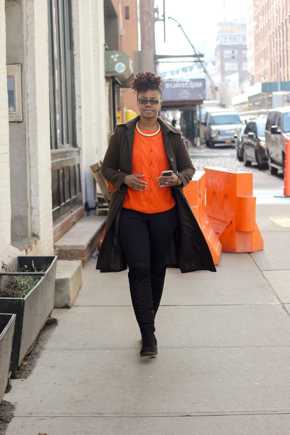 Orange Oversized Sweater Black Over-the-Knee Boots Coat