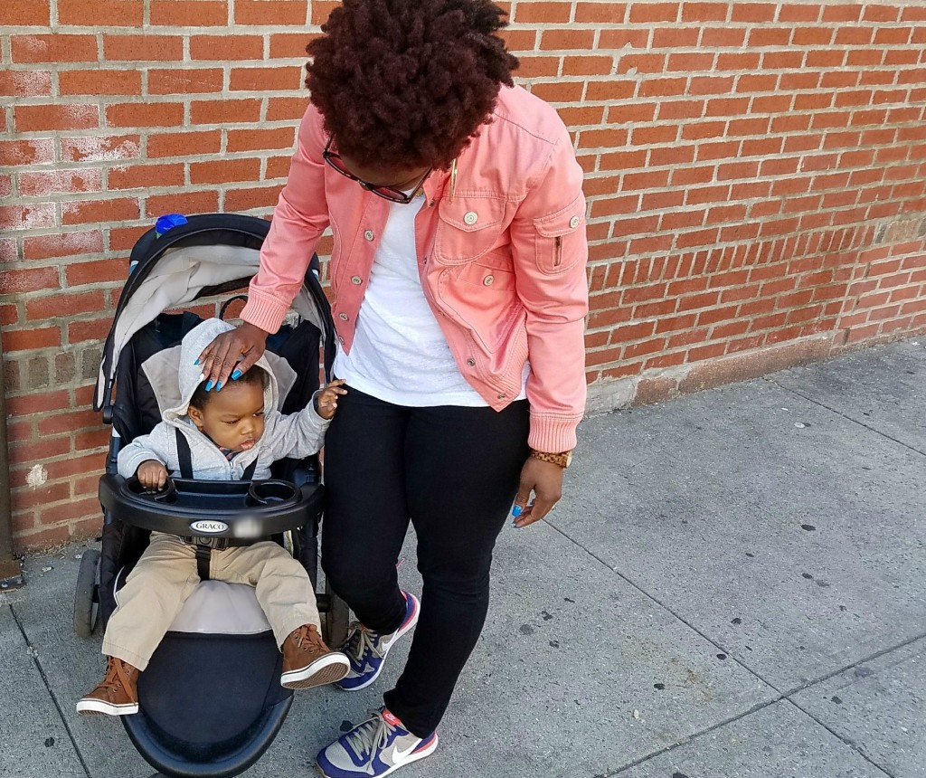 Becoming a Mom Coral Bomber Jacket w Micah